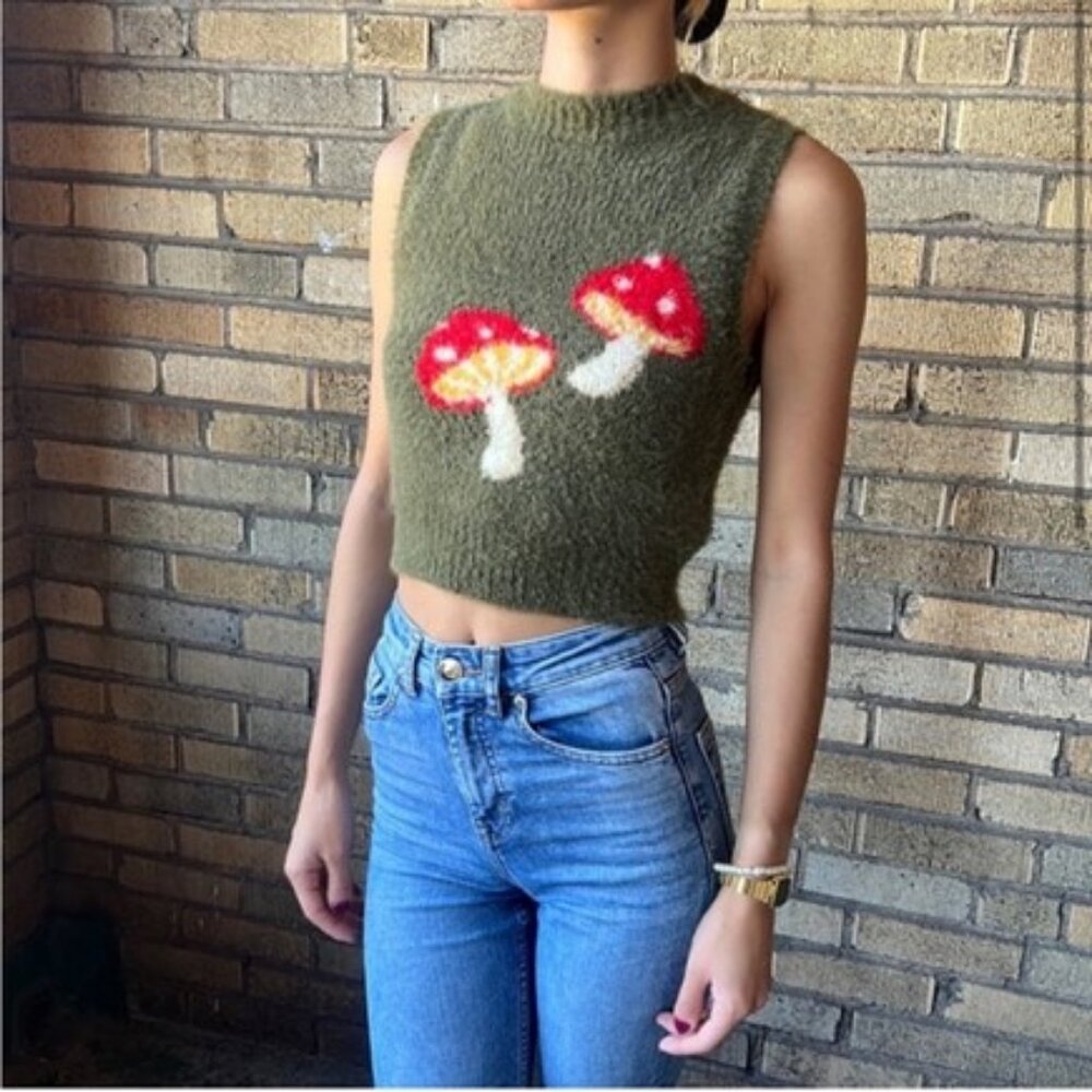 Forever 21 Fuzzy Sleeveless Mushroom Print Sweater Vest
